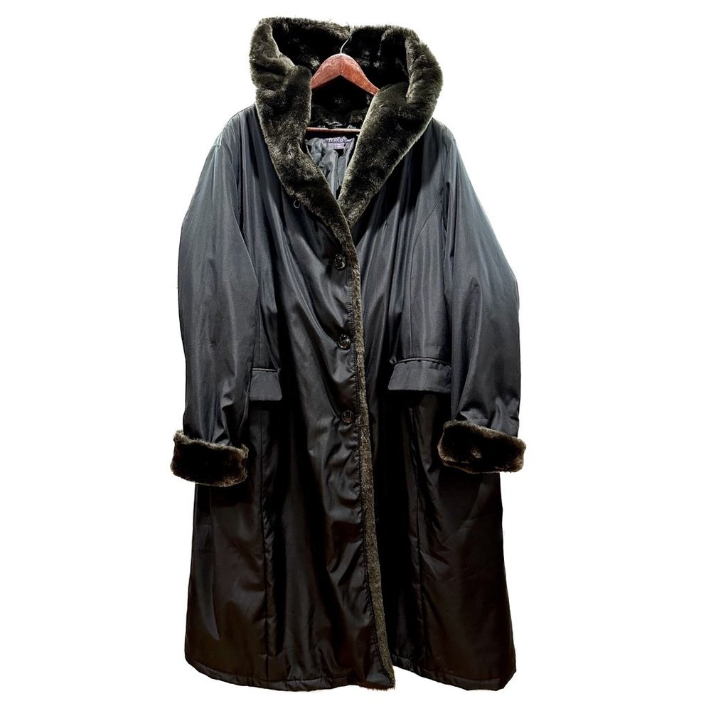 Long Coat with faux Fur Hood & Trim ~ Lightly Filled Duster Sleek & Soft NWOT